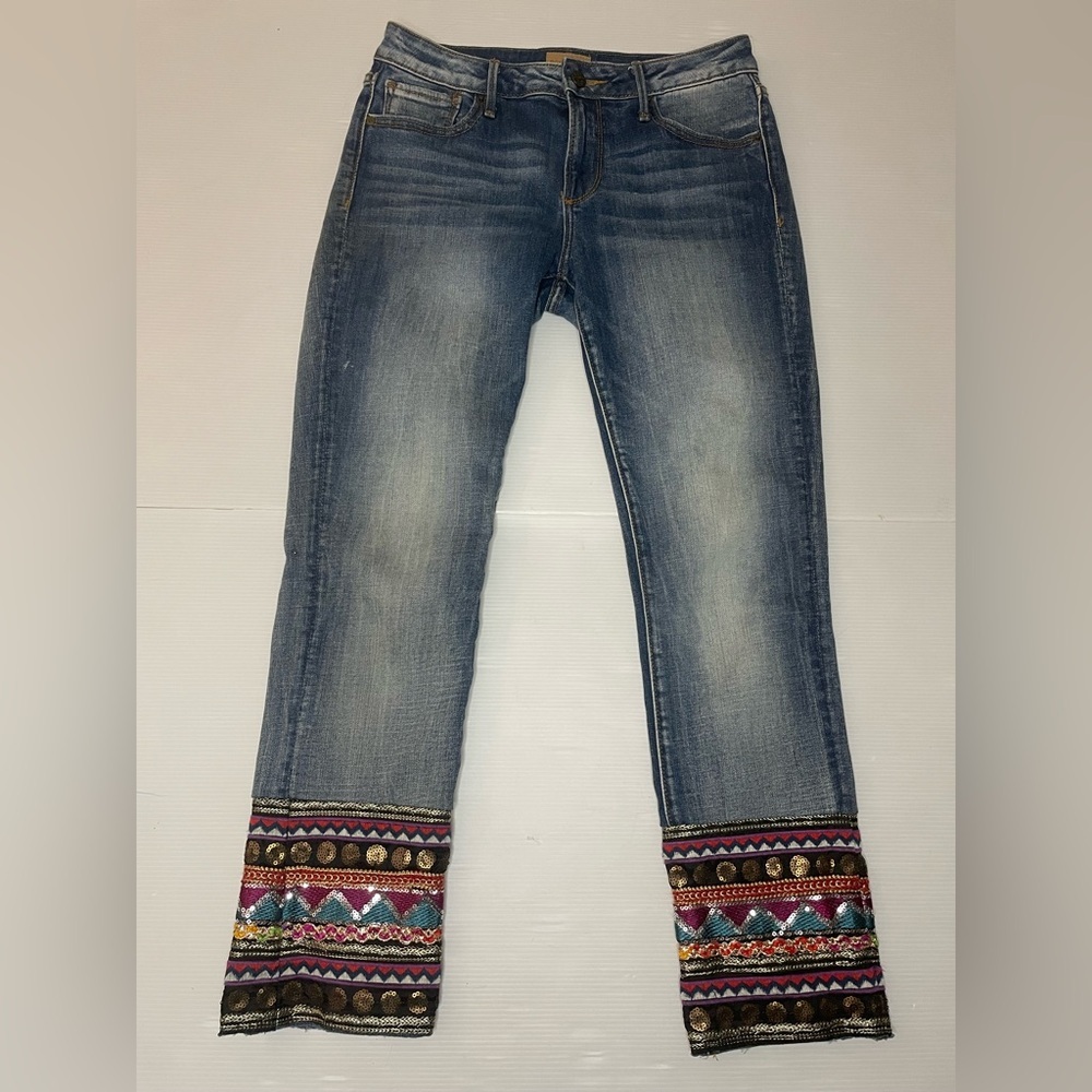 Driftwood Audrey Mid Rise Straight Embroidered Cuff Boho Blue Jeans Size 26